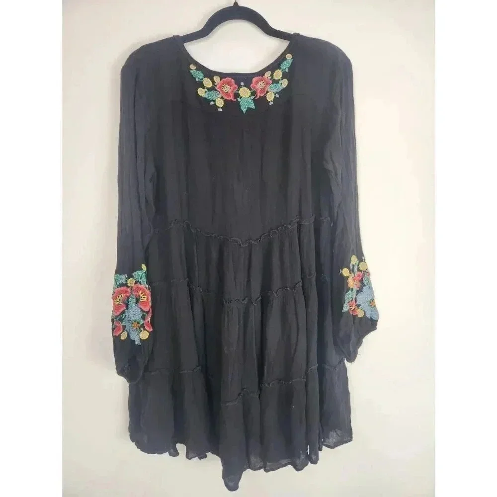 Free People Dress Flowy Black Embroidered Floral Size Medium